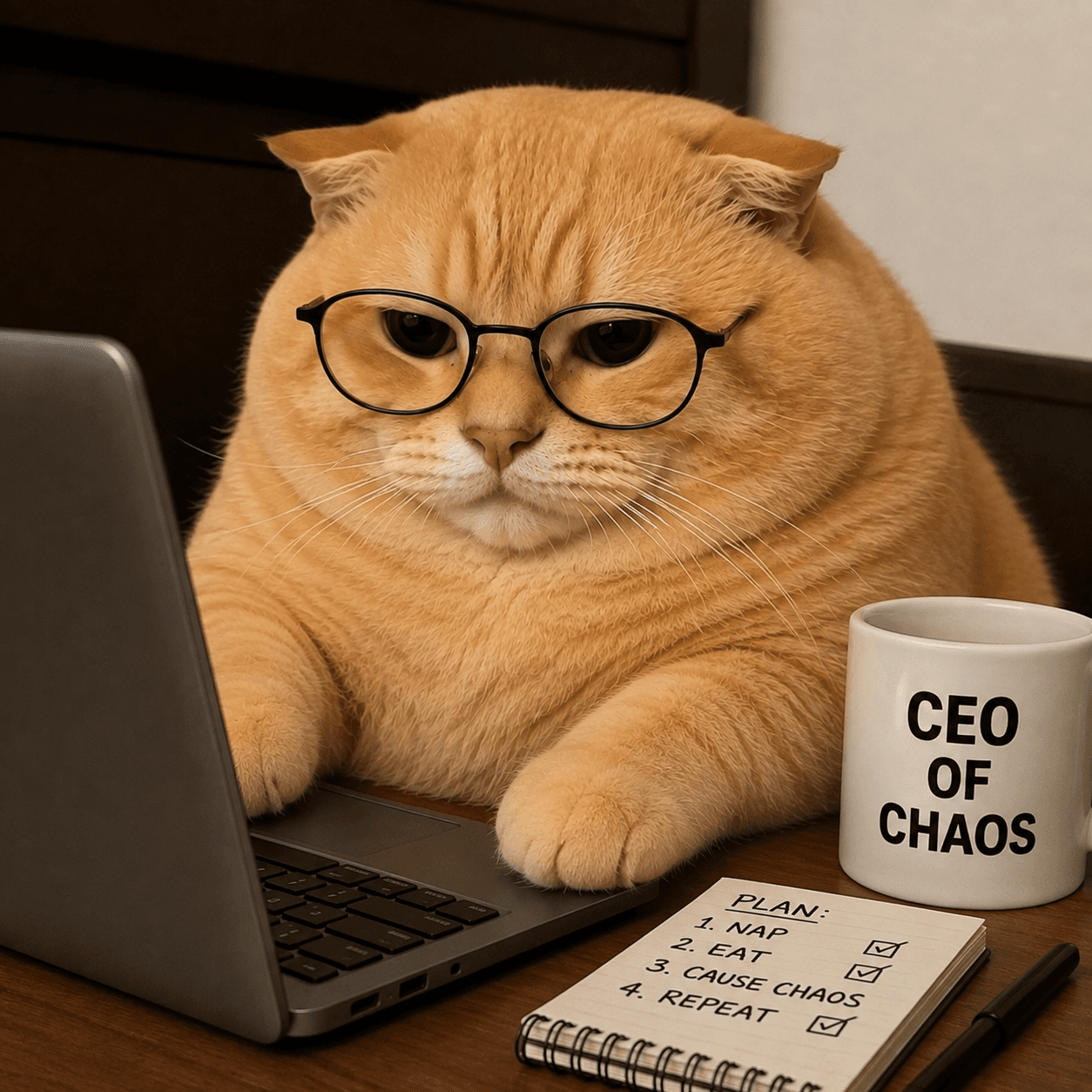 Omoji Pearcat as CEO of Chaos at a laptop