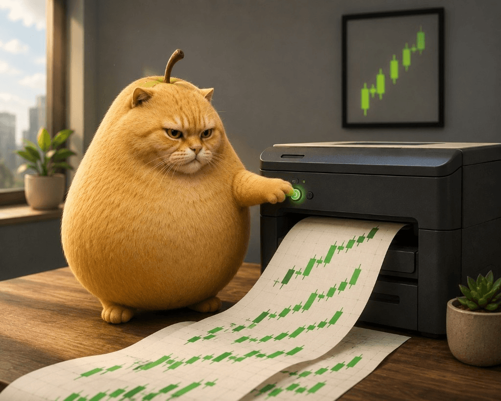 Omoji Pearcat printing green candles on a desk printer