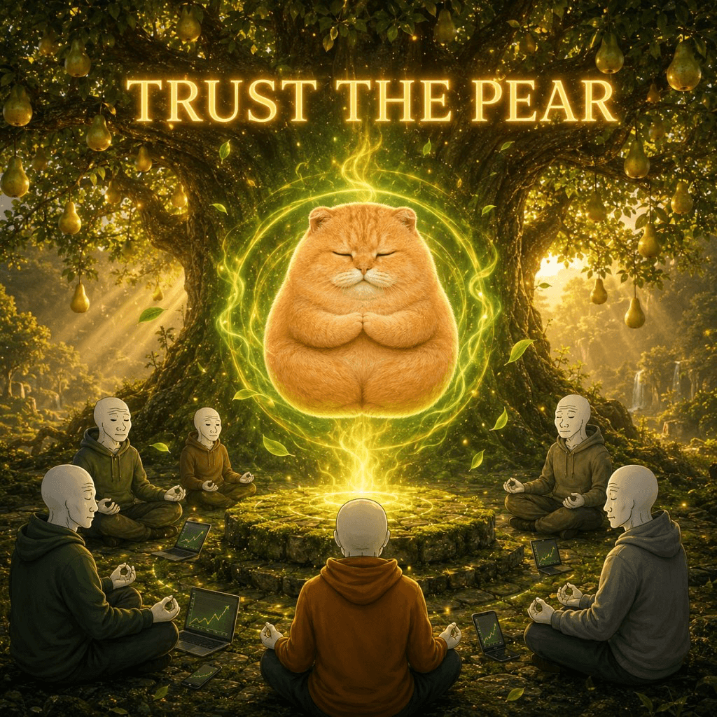 Wojaks meditating around a glowing pearcat — Trust the Pear
